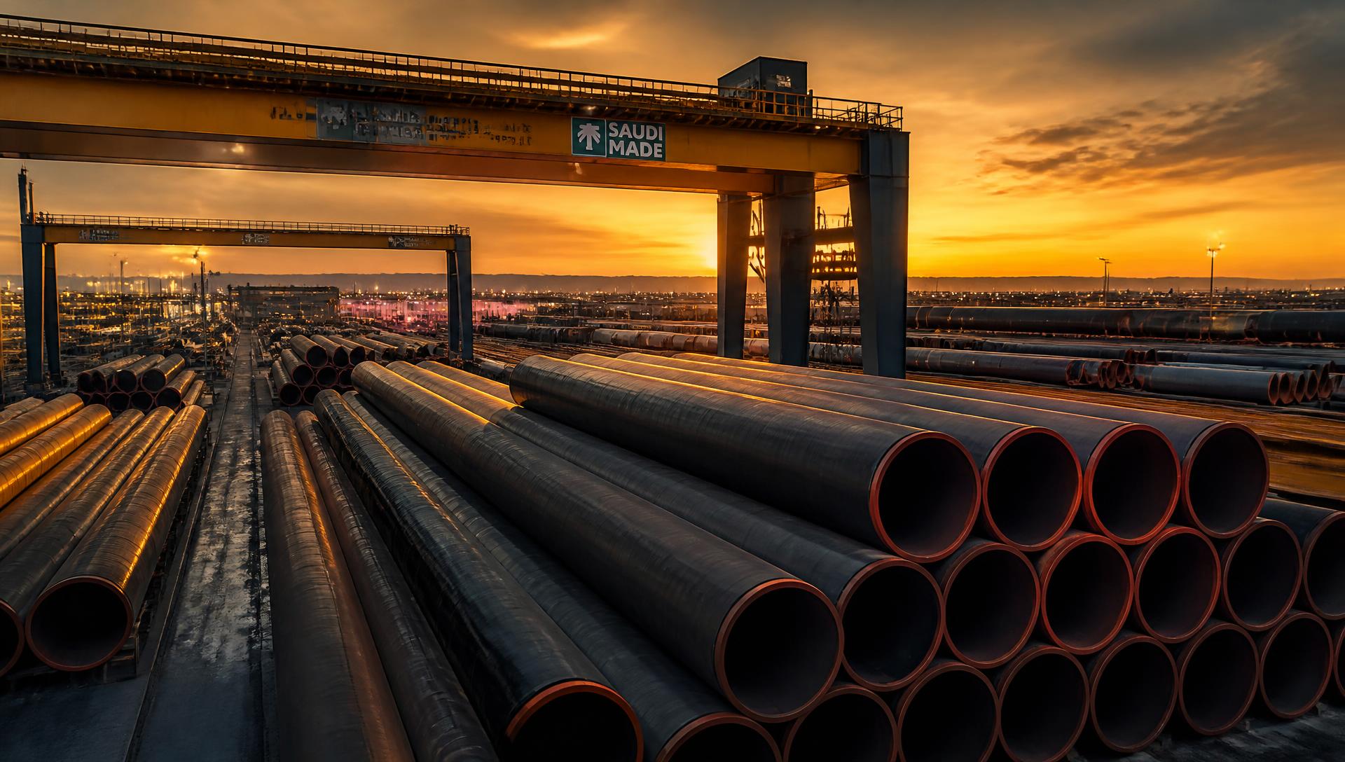 Large diameter steel pipes stacked at the NPC yard in Dhahran at dusk